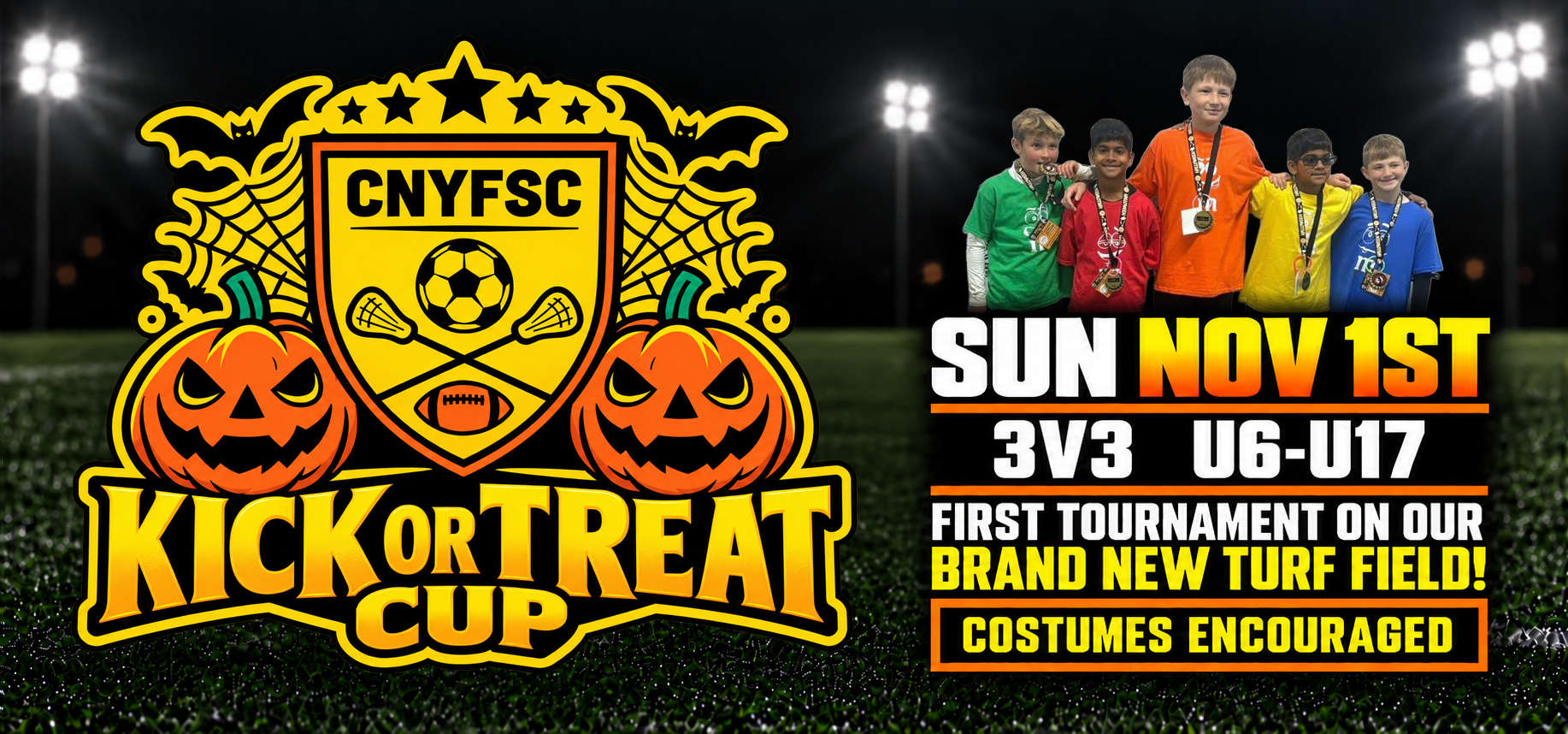 3v3 Soccer Tournament on our NEW outdoor turf field. Nov 1st.